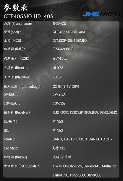 JHEMCU GHF405AIO-HD 40A AIO Flight Controller F405 F4 Build-in OSD Blheli-S ESC 2-6S Lipo For RC FPV Toothpick Racing Drone