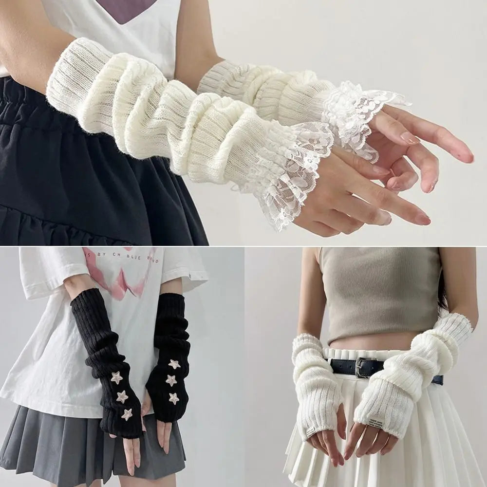 Fingerless Long Wrist Gloves Arm Warmers False Sleeves Knitted Gloves Finger Sleeves Cover Black White Half Finger Gloves