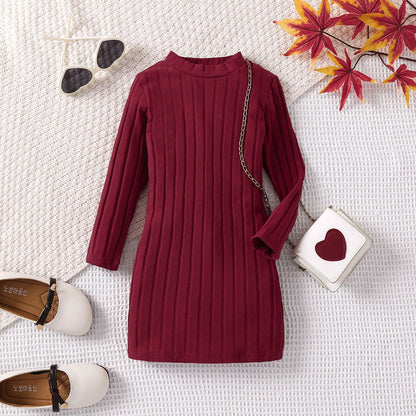 Kids Sweaters Knit Dress Geometric Sweaters Girls Autumn Winter Kids Turtleneck Casual Style Solid Color Clothes Girls Vestidos