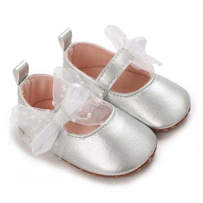 Silver Princess Shoes 0-18M Newborn Casual Shoes Baby Bow Non slip Cloth Bottom Flat Bottom PU Newborn Bow Decoration Mary Janes