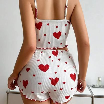 Hot Selling Womens Pajamas Set Sleepwear 2PCS Short Tank Tops And Shorts White Ventilate Soft Casual Red Love Printing Sleepwear