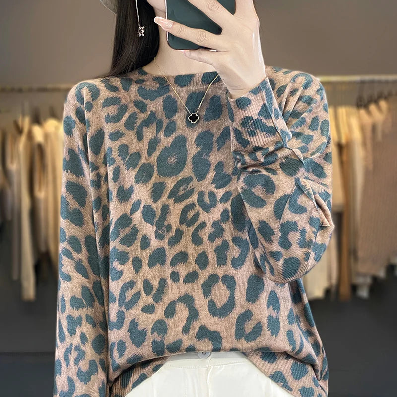 Autumn And Winter New Worsted Wool And Mulberry Silk Printed Round Neck Sweater Fashion Joker Knit Loose Bottoming Shirt Top