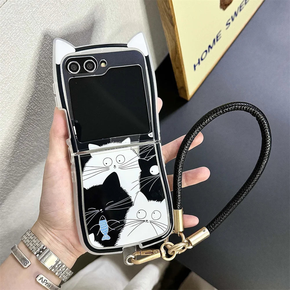 Cartoon Cat Ears Leather Wrist Strap Case For Samsung Galaxy Z Flip 6 5 Flip 4 3 Hand Rope Cute Ins Bracelet Shockproof Cover