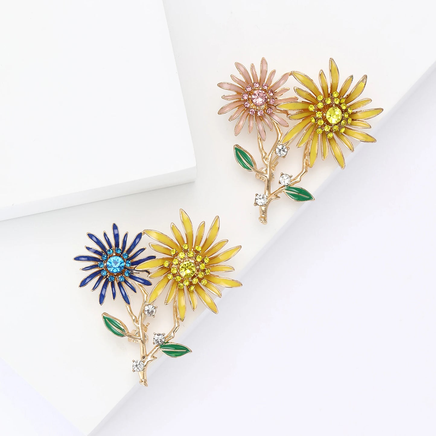 Shiny Double Head Sunflower Brooches for Women Unisex Ukrainian Plant Pins 2-color Available Casual Party Accessories Gifts