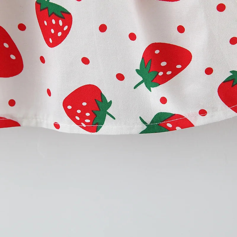 Baby Dress 2024 Summer New Girl's Sweet Bow Dress Children's Strawberry Print Small Fresh Casual Dress+Hat Children's Wear