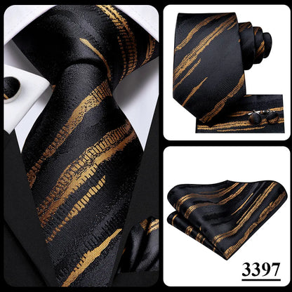 Hi-Tie Black Floral Silk Wedding Tie For Men Handky Cufflink Elegant Necktie For Men Fashion Designer Business Party Dropshiping