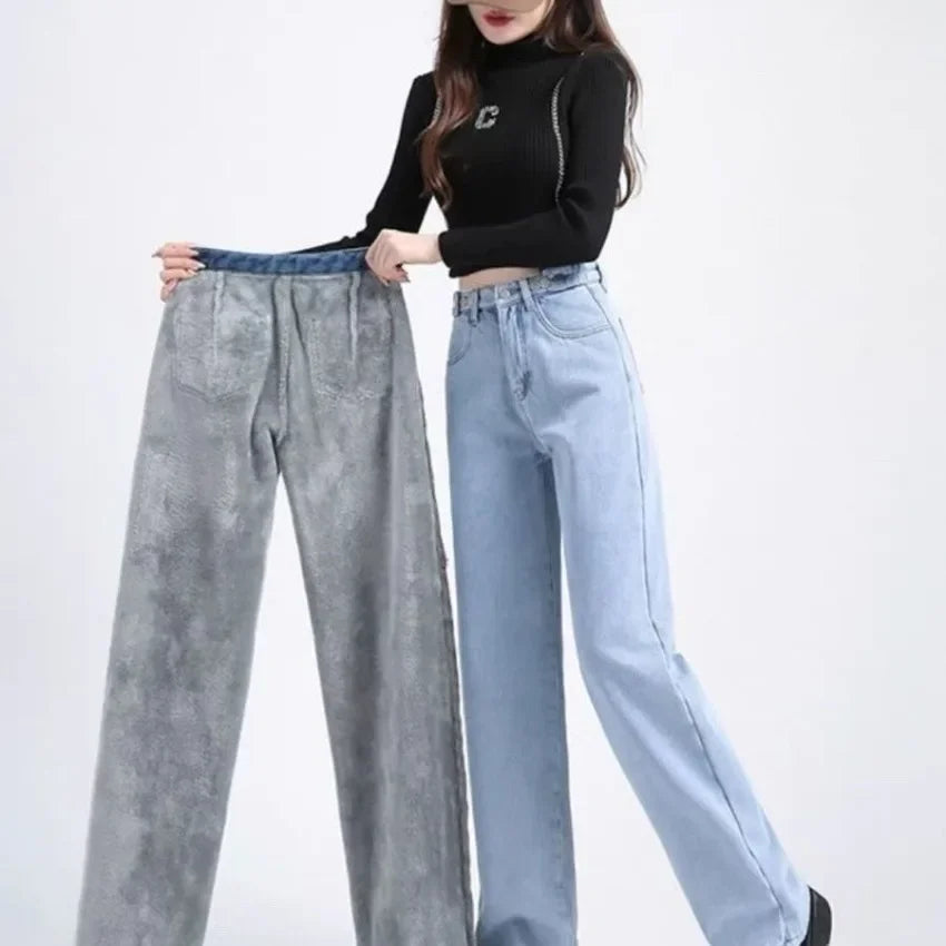 Plush Jeans Velvet Thickened High Waist Wide Leg Jeans for Women's 2023 Winter New Ins Style Loose Slim Drop Long Pants