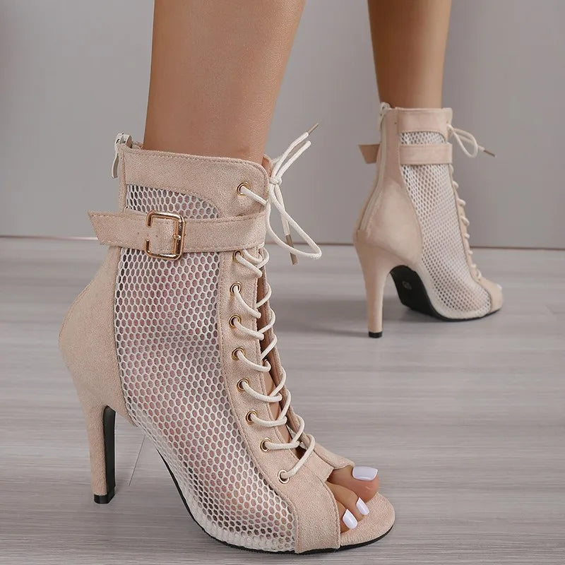 New Women Fashion Show Net Fabric Cross Strap Sexy High Heel Sandals Woman Shoes Pumps Lace-up Peep Toe Sandals Casual Mesh