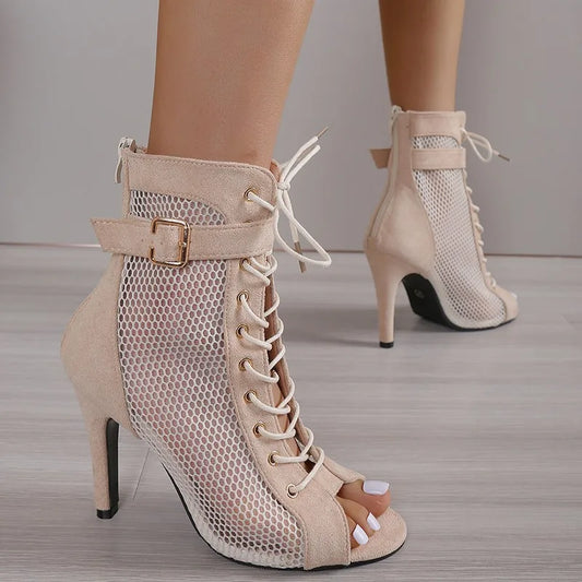 New Women Fashion Show Net Fabric Cross Strap Sexy High Heel Sandals Woman Shoes Pumps Lace-up Peep Toe Sandals Casual Mesh