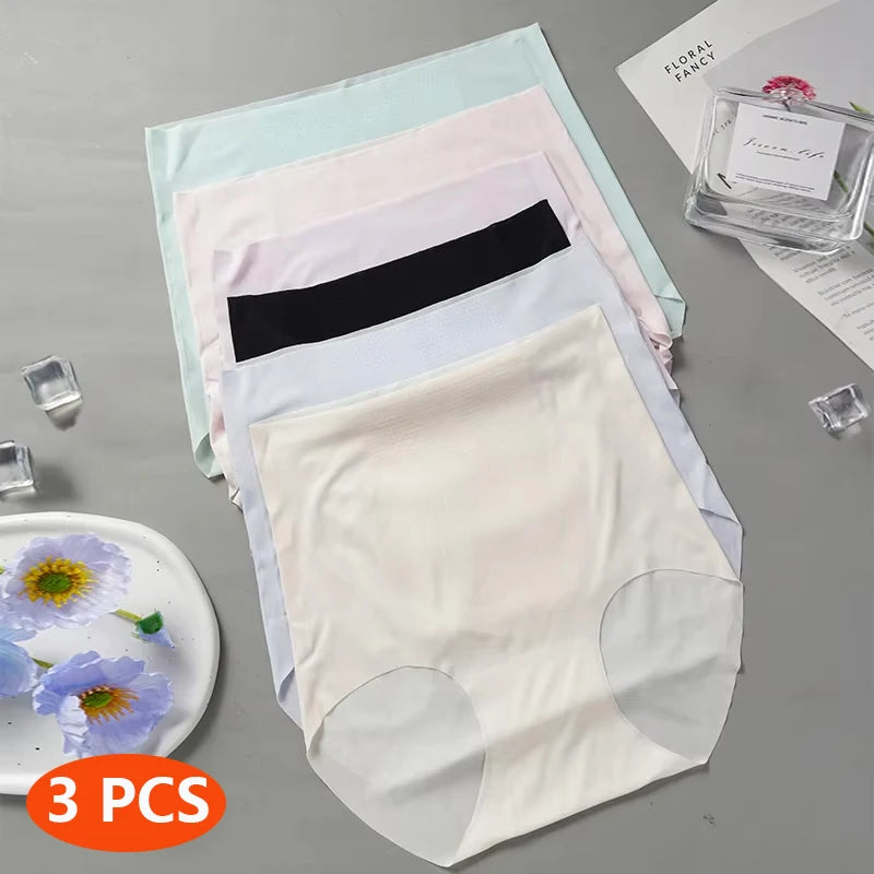 3PCS High Waist Ice Silk Seamless Underwear Ladies Summer Ultra-thin Sense Quick-drying Panties L-2XL Women Fitness Briefs