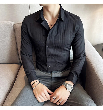 British Style Men Double Breasted Shirt 2023 Autumn New Long Sleeved Striped Slim Fit Shirts Formal Business Social Party Tuxedo