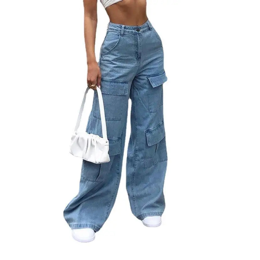 Women Jeans Wide Leg Pants Cargo Denim Ankle Length Mid Waist Washing Zipper Loose Slight Strech High Street Solid Pockets