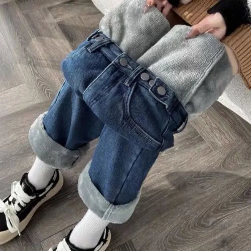 Plush Jeans Velvet Thickened High Waist Wide Leg Jeans for Women's 2023 Winter New Ins Style Loose Slim Drop Long Pants