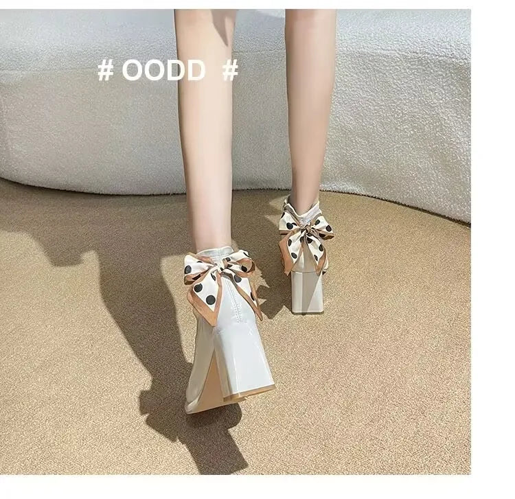 Chelsea Bow Bead Chunky Boots Women Sexy High Heels Shoes New Trend 2023 Winter Square Toe Ankle Boots Pumps Motorcycle Botas