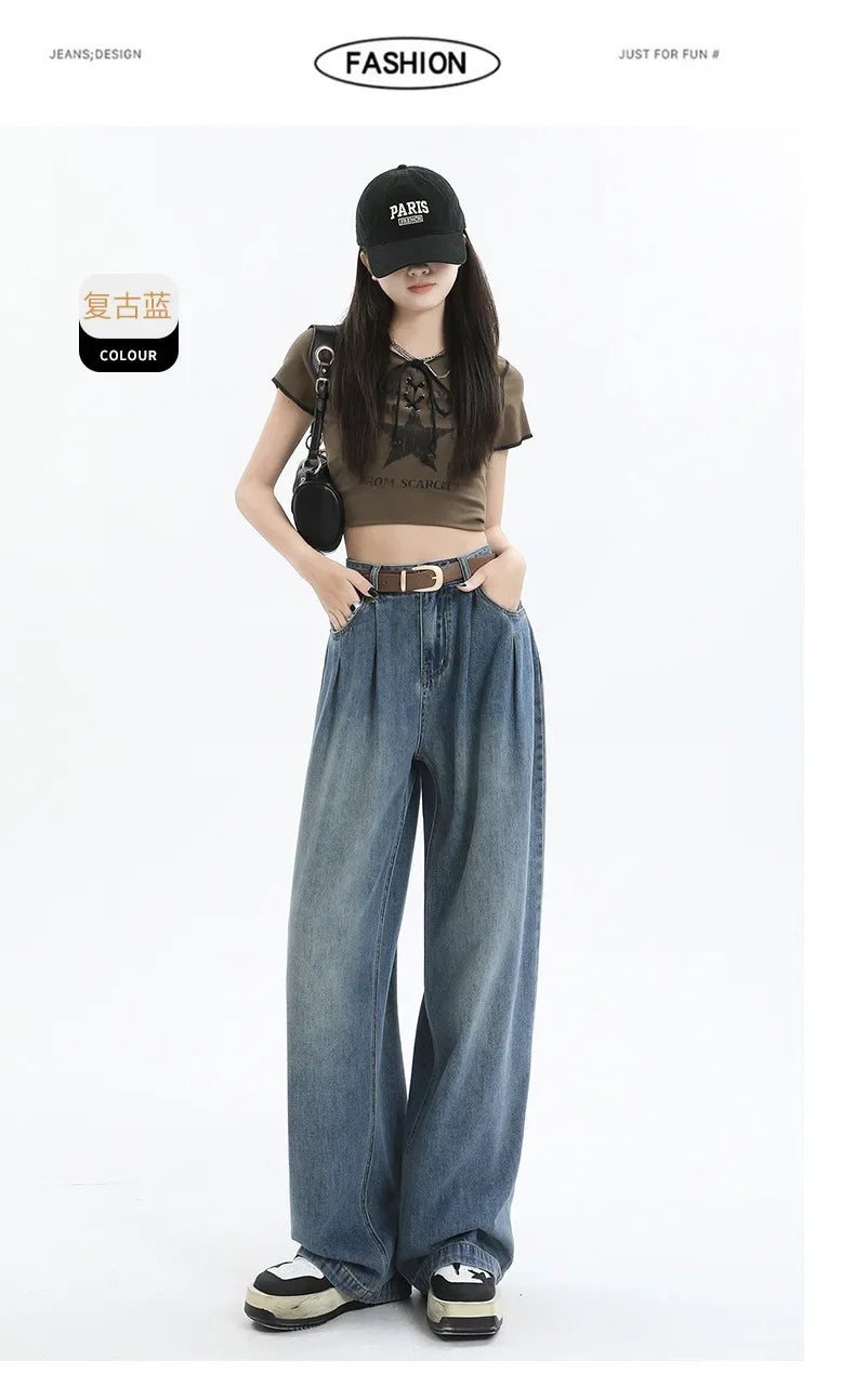 High-waisted To Cover The Crotch and Belly, Slim and Drapey, Loose and Versatile Trousers Retro Wide-leg Jeans for Women