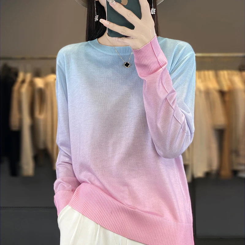 Autumn And Winter New Worsted Wool And Mulberry Silk Printed Round Neck Sweater Fashion Joker Knit Loose Bottoming Shirt Top