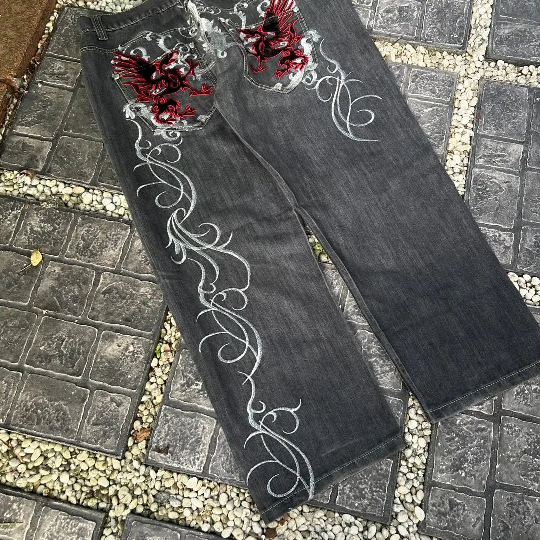 Y2K New Street Harajuku Pattern Jeans Black Baggy Jeans Hip Hop Retro Style Denim Pants Men's and Women's High Waist Wide Pants