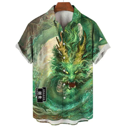 Chinese Mythology Dragon Print Summer Men's Casual Short-sleeved Shirt Street Hip-hop Trend Tops Oversized T-shirt Size S-5XL