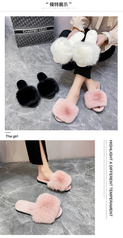 New Woman Slippers Winter Simple Word Fur Flats Soft Home Women Slippers Faux Fur Warm Bedroom Leisure Female Shoes