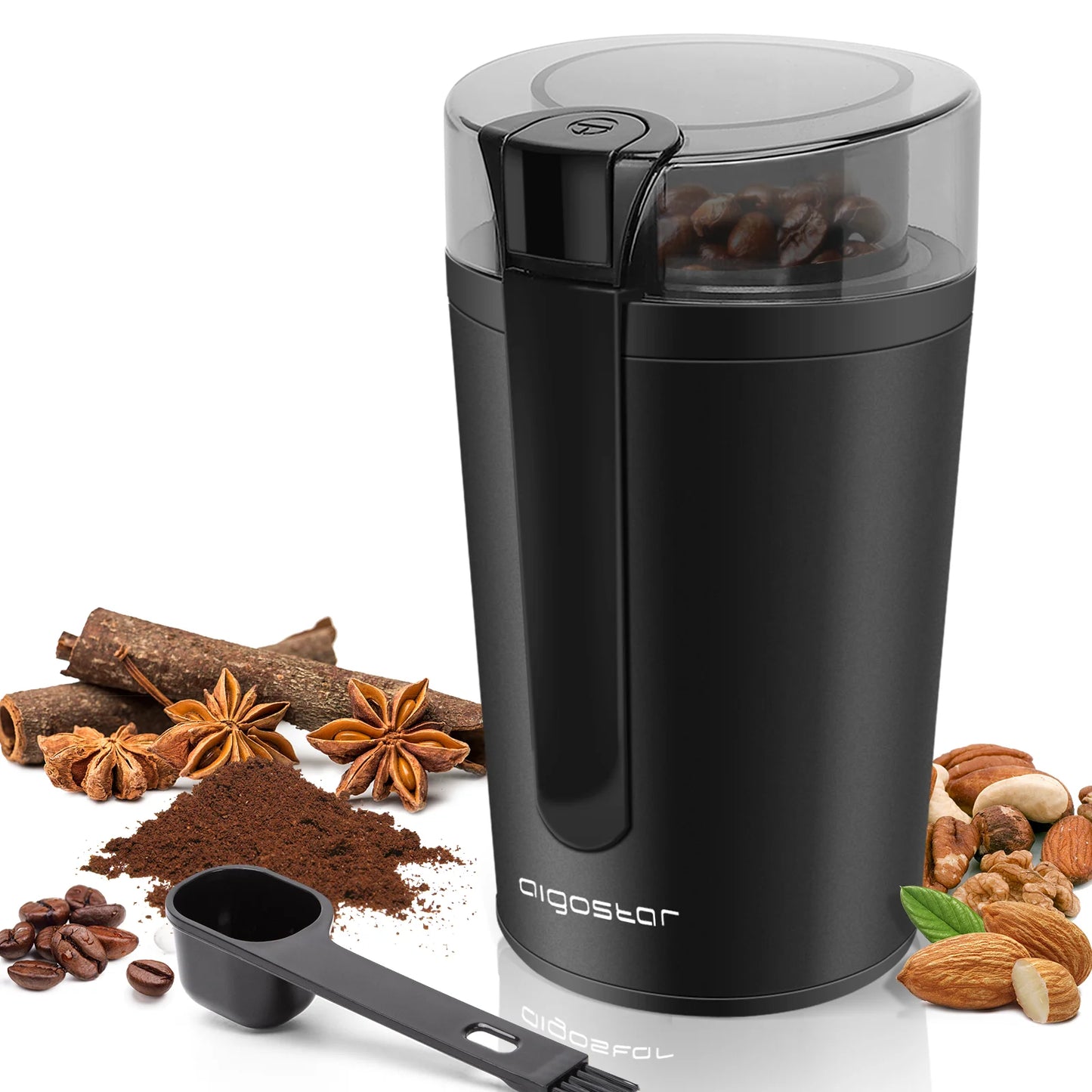 Electric Coffee Grinder with Stainless Steel Blade, Capacity 60Gr, Coffee Grinder for Spices, Seeds, Grains, Nuts, with Cleaning Brush, 200W, Black