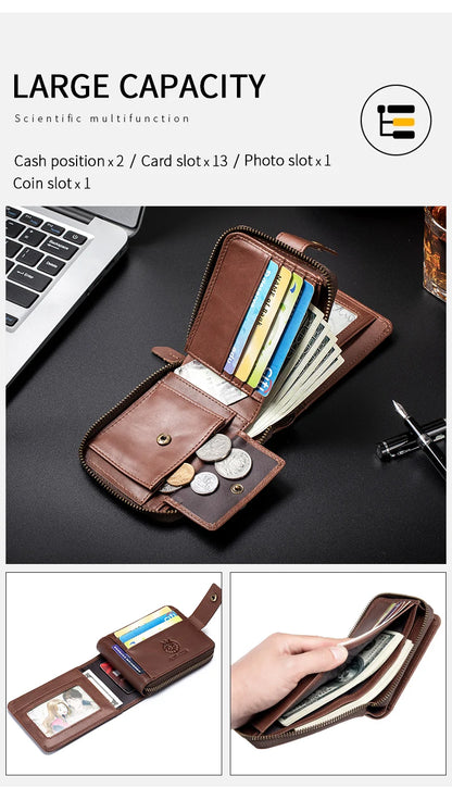 SCHLATUMThe first layer of cowhide RFID anti-theft brush leather wallet retro men's short horizontal money clip