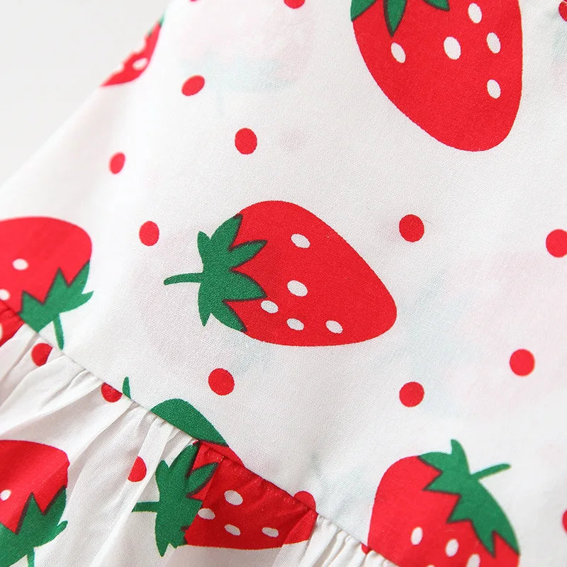 Baby Dress 2024 Summer New Girl's Sweet Bow Dress Children's Strawberry Print Small Fresh Casual Dress+Hat Children's Wear