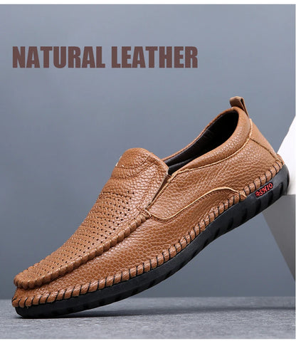 Breathable Genuine Leather Men Shoes Summer Slip On Loafers Men Casual Leather Shoes Blue Flats Hot Sale Driving Shoes Moccasins