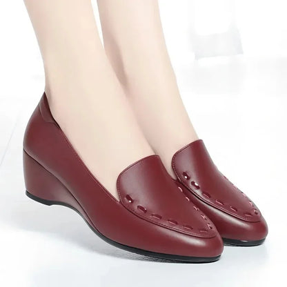 Women Fashion Light Weight Wedge Heel Comfort Spring & Autumn Shoes Lady Casual Sweet Home & Outside Black Leather Pumps E1419