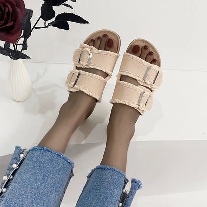 Women's Slippers Flat Bottom Slipper 2023 Summer New Line Slippers Large 43 Denim Leather Buckle Outside Sandals Sandalias