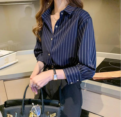 Striped Shirt Women Summer Vintage Chic Loose Long Sleeve Top Y2K Office Ladies Fashion Casual Turn Down Collar All Match Blouse