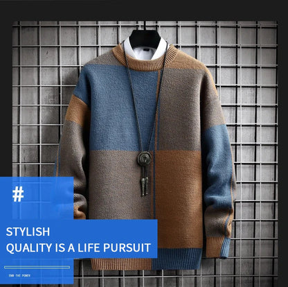 Half High Collar Color Blocking Warm Sweater High Quality Men Spring Autumn Slim Leisure Korean Long Sleeve Loose Knit Pullover