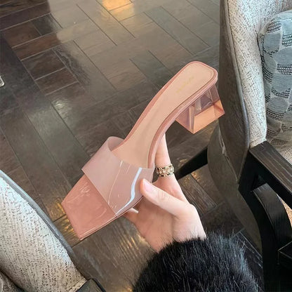 Pink Transparent High Heels Sexy Women's Slippers 2023 Fashion Crystal Rhinester Ladies Sandals Open Toe Shoes Thick Heel Mule