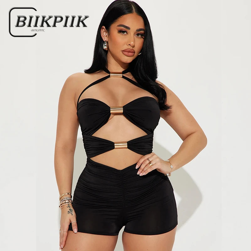 BIIKPIIK Sexy Hollow Out Women Playsuits Fashion Metal Rings Backless Skinny Rompers Vacation Club Black Overalls Midnight Party