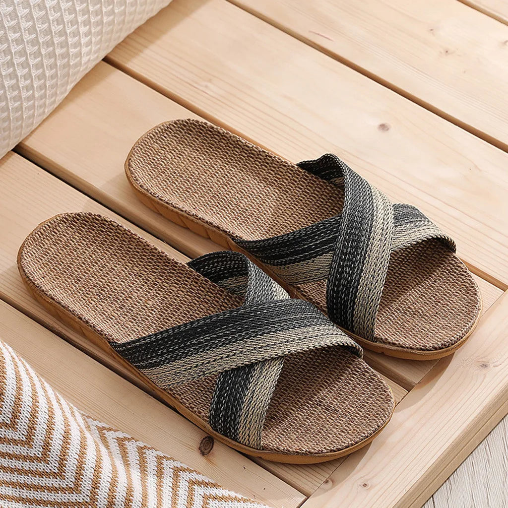 Summer Men Flax Slippers Casual Linen Slides Multi-Style Non-Slip Home Flip Flops Indoor Shoes Male Sandals Pantoufle Homme