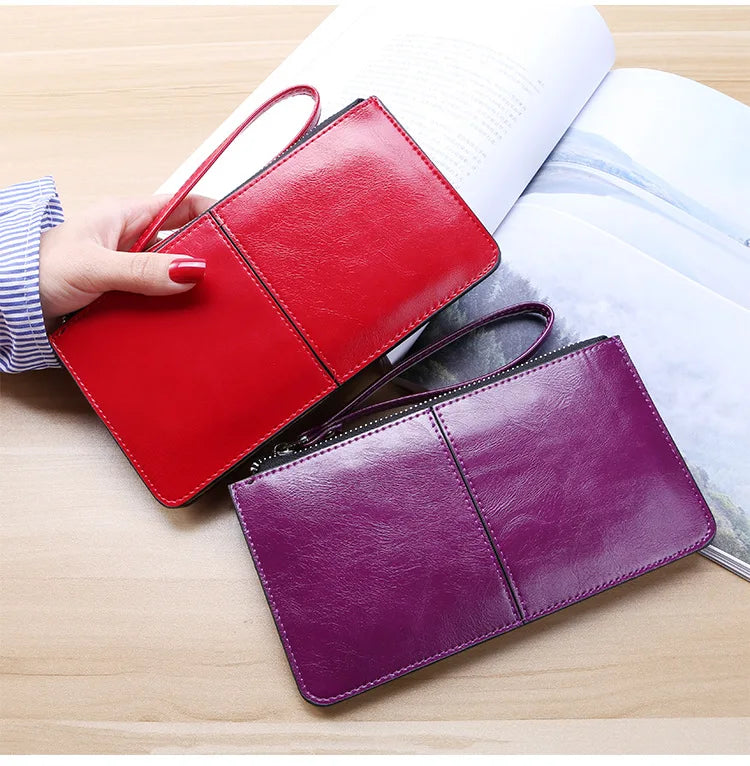 Women's Vintage Oil Wax Leather Zipper Clutch Wallet Female Large Capacity Coin Purse Ladies Wristband Simple Card Holder Wallet