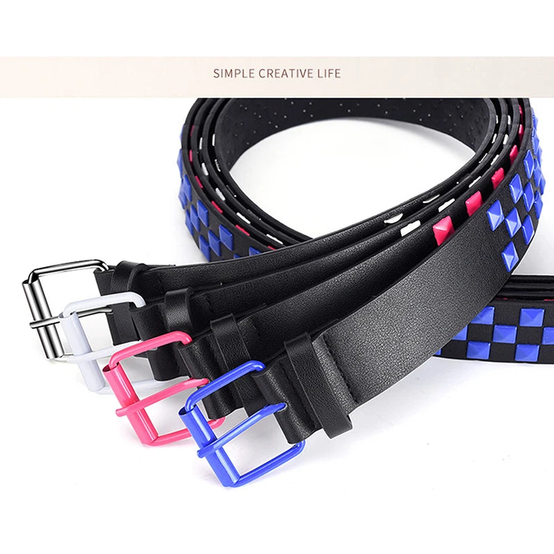 New Personalised Rivets Checkerboard PU Leather Belt 107CM Men And Women Universal Fashion Hip-hop Punk Belt Ins Style