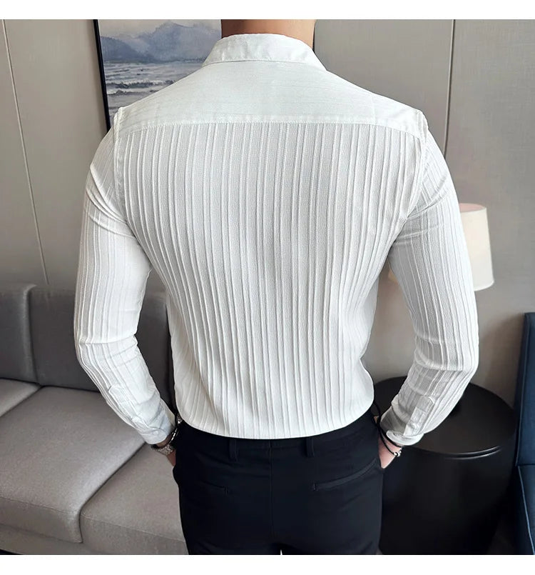 British Style Men Double Breasted Shirt 2023 Autumn New Long Sleeved Striped Slim Fit Shirts Formal Business Social Party Tuxedo