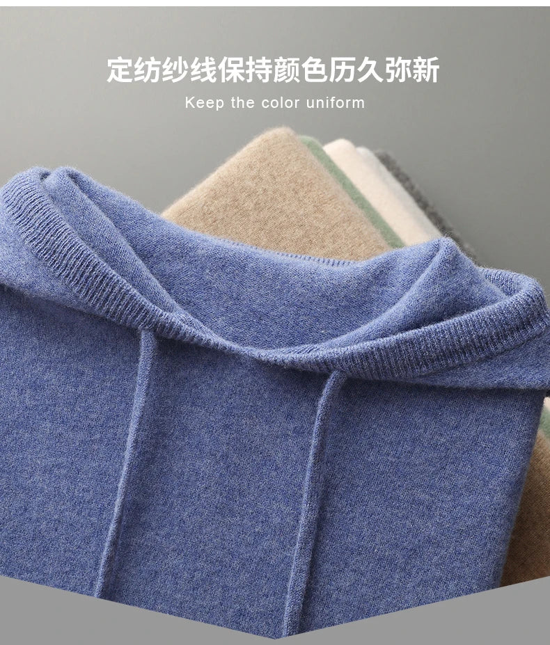 MVLYFLRT Autumn Winter New Merino Sweater Men's 100% Wool Hooded Collar Knitted Pullover Casual long Sleeved Hoodie