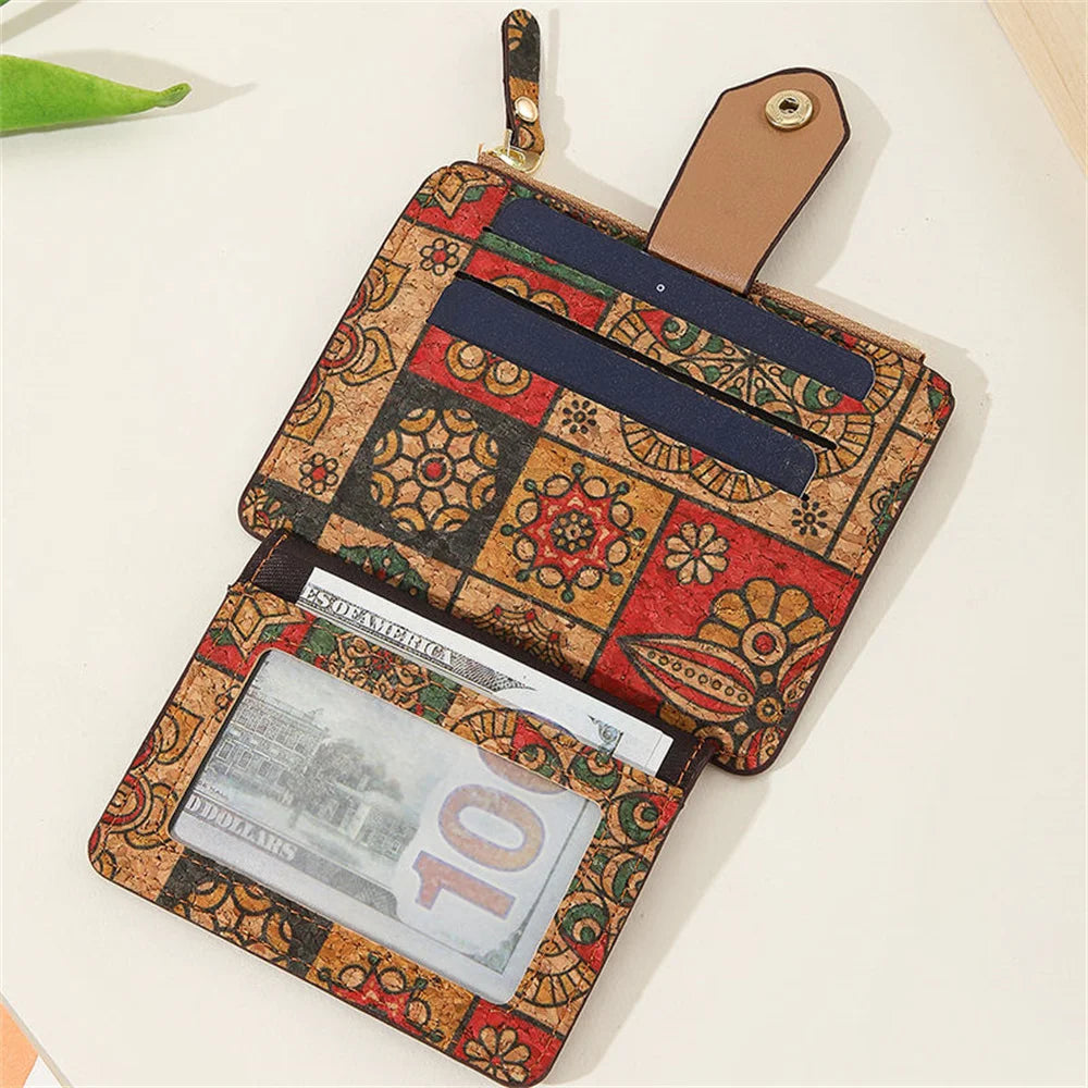 Retro Printed Card Holder Wallet For Woman Multi-Slot Card Case Cork Ultra Thin Zipper Coin Purse Small Change Pocket Pouch