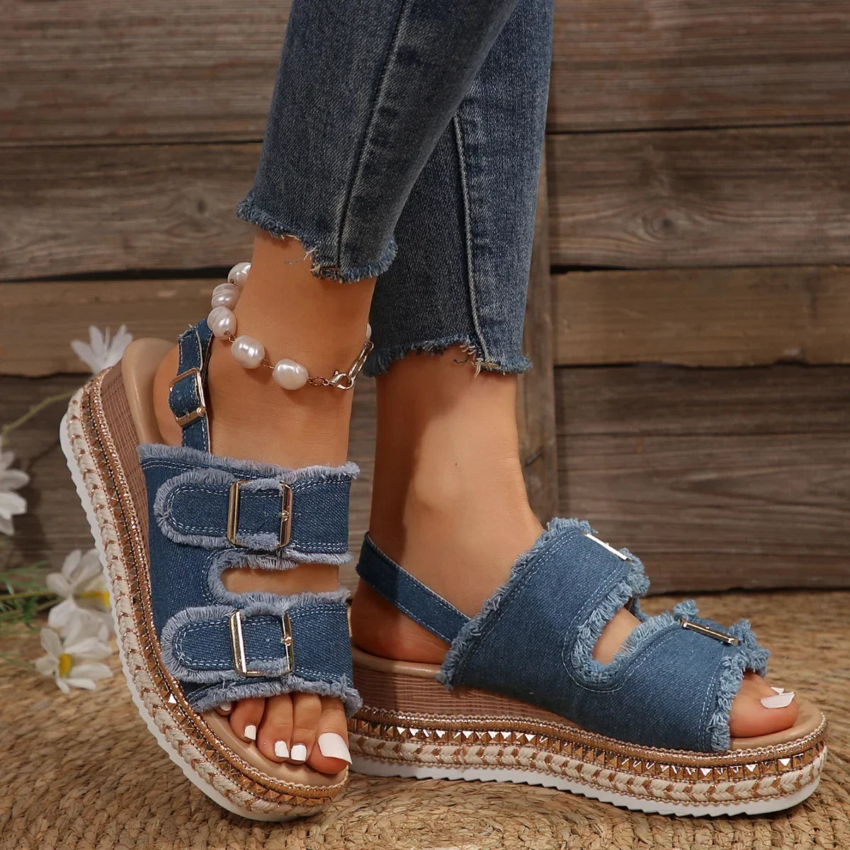 Women Wedge Sandals Summer Beach Slippers Double Buckle Non-slip Clogs Slides Women Flip Flop Platform Sandals Denim Female