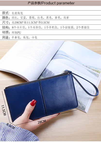 Women's Vintage Oil Wax Leather Zipper Clutch Wallet Female Large Capacity Coin Purse Ladies Wristband Simple Card Holder Wallet