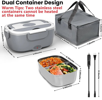 Portable Electric Heated Lunch Box 80W Stainless Steel Detachable 1.5L Heating Bowl Car/Truck/Office Dining Box Microwave Oven