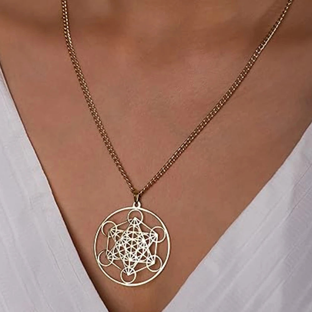 YILUOCD Vintage Metatron Cube Necklace 18k Gold Plated Sacred Geometry Powerful Protection Amulet Solomon Spiritual Jewelry