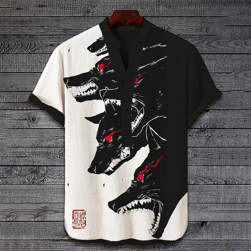 2024 New V Neck Fashion Casual Henry Cardigan Retro Button Men's Summer V Neck Shirt 3D Printed Men's Short Sleeve Plus Size