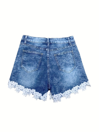 Blue Lace Decor Denim Shorts, High-Stretch Slash Pockets Casual Short Denim Pants, Aesthetic Coquette Fairy Core Style, Women's