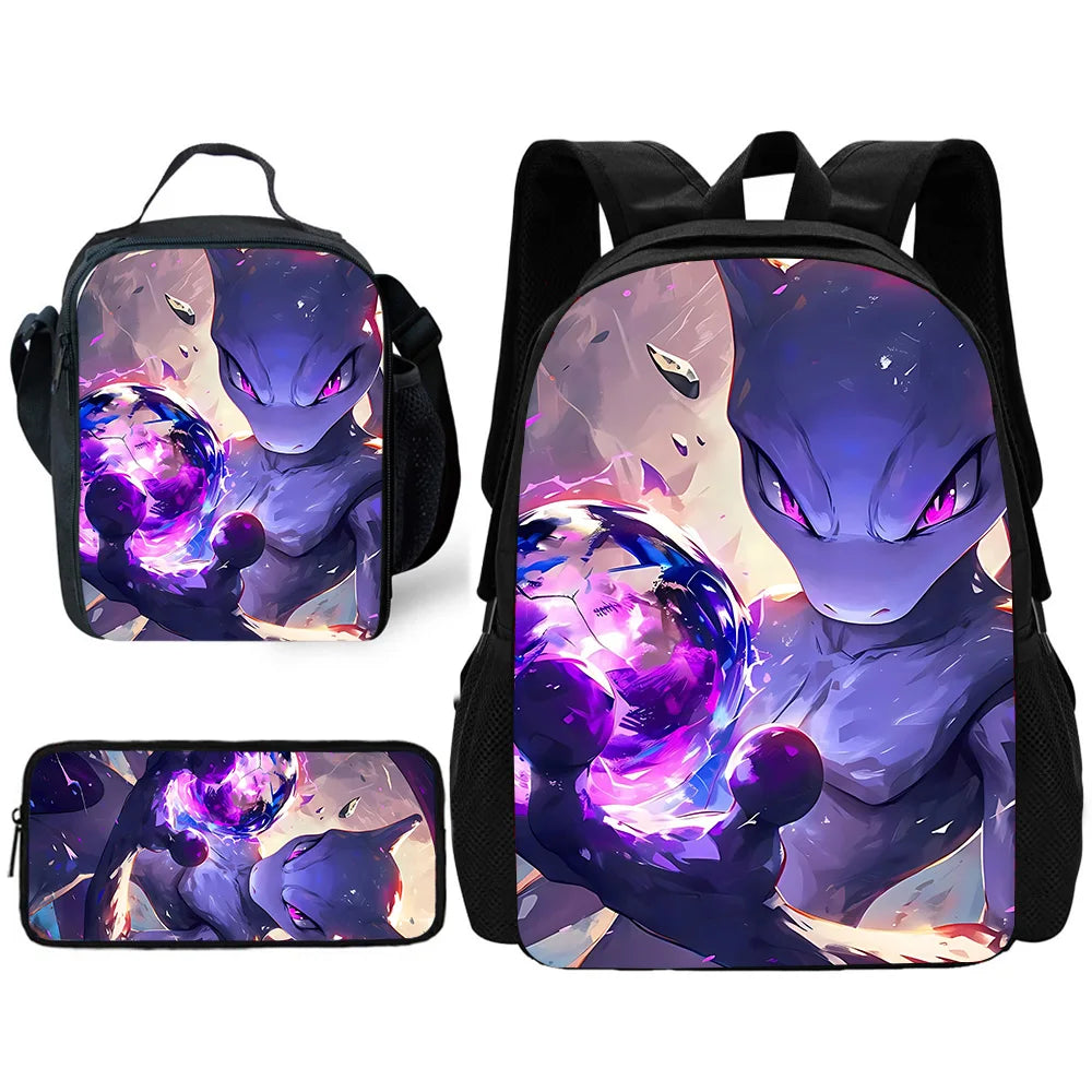 3 pcs set Cute Anime Pikachus Gengars Child School Backpack with Lunch Bags ,Pencil Bags ,School Bags for Boys Girls Best Gift