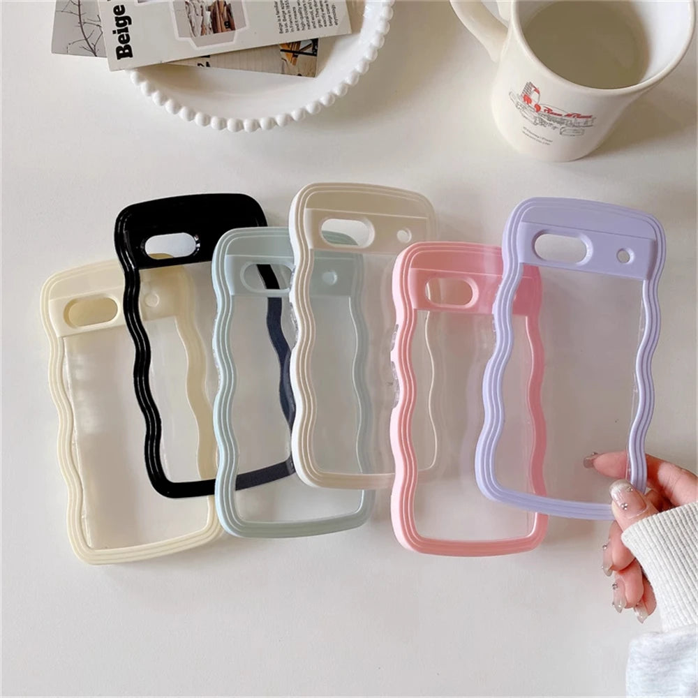 2IN1 Cute Curly Wavy Transparent Phone Case For Google Pixel 8A Korean Candy Color Shockproof Hard Cover For Google Pixel 7A