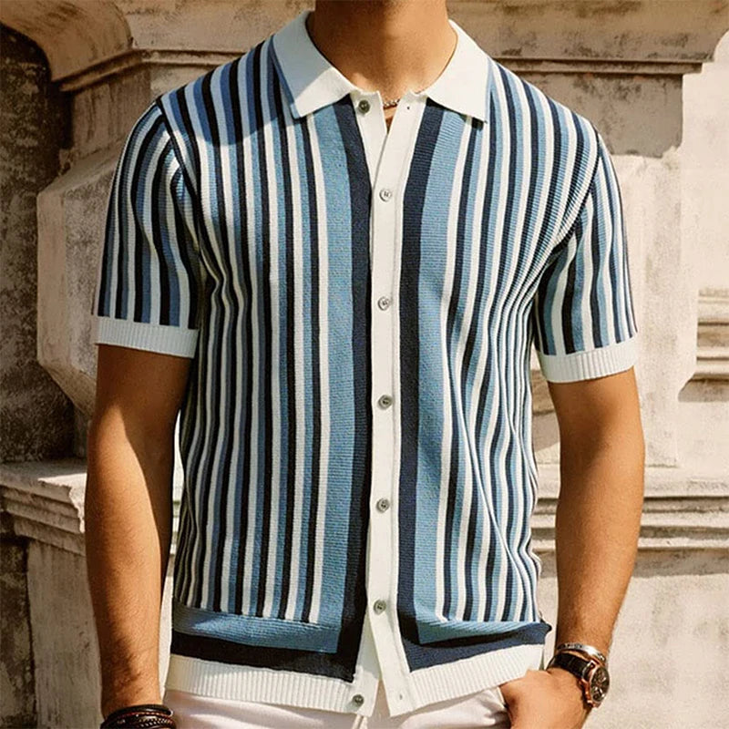 Men's Fashion Luxury Leisure Knit Polo Shirt Striped Button-down Short Sleeve Cardigan Casual Business Knitwear 2025 New Summer