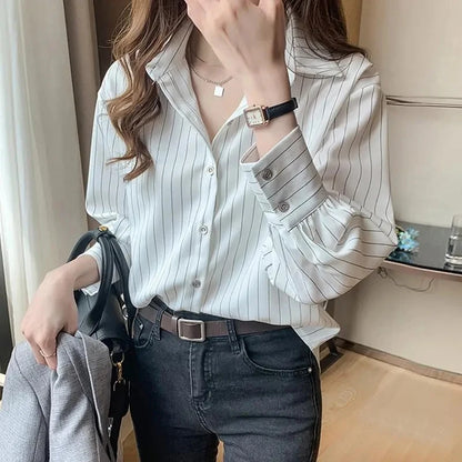 Striped Shirt Women Summer Vintage Chic Loose Long Sleeve Top Y2K Office Ladies Fashion Casual Turn Down Collar All Match Blouse