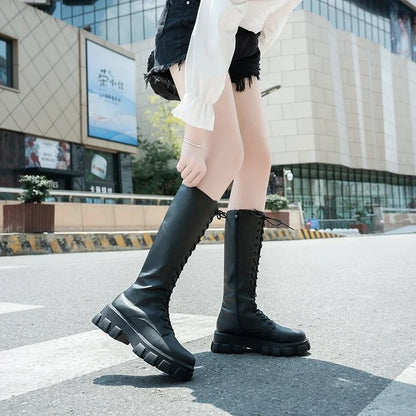 New Autumn Womens Mid Calf Boots Zipper Womens Shoes Punk Long Women Boots Winter Pu Leather Large Size 43 Zapatos Para Mujeres